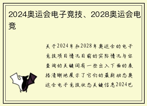2024奥运会电子竞技、2028奥运会电竞